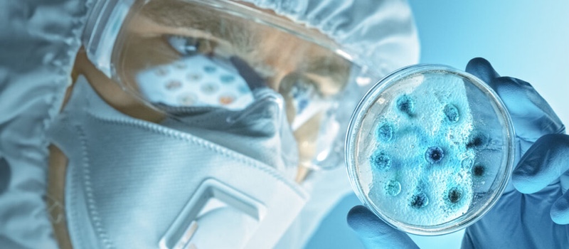 Scientist Wearing Respirator Mask, Coverall and Safety Glasses Looks at Petri Dishes with Bacteria, Tissue and Blood Samples. Medical Research Laboratory Curing Epidemic Diseases. Close-up Macro