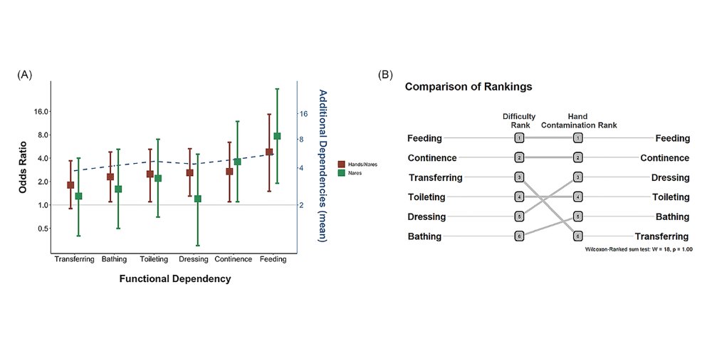 Graph depicting the odds of infection depending on your functional dependency as well as comparing the contamination rate with each kinds task they are depndent on someone for and ranking them